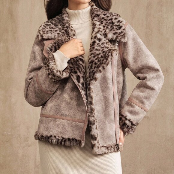 Pink Casual Women's Faux Fur Lined Motorcycle Jacket With Leopard Print - Picture 3 of 8